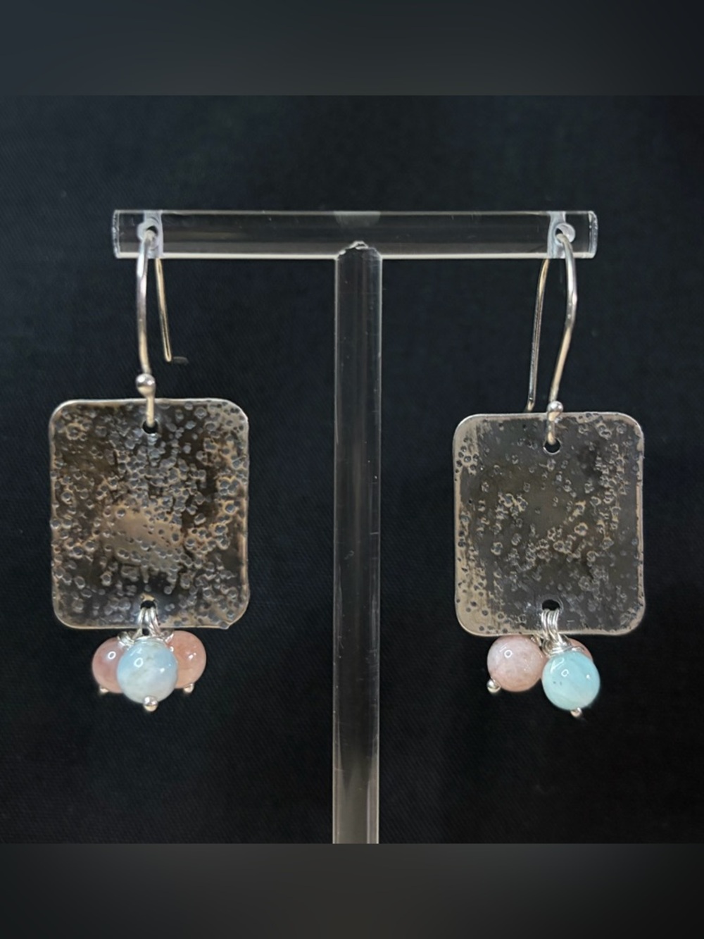 Sterling Silver Aquamarine and Rose Quartz Artisan Hand Crafted Dangle Earrings